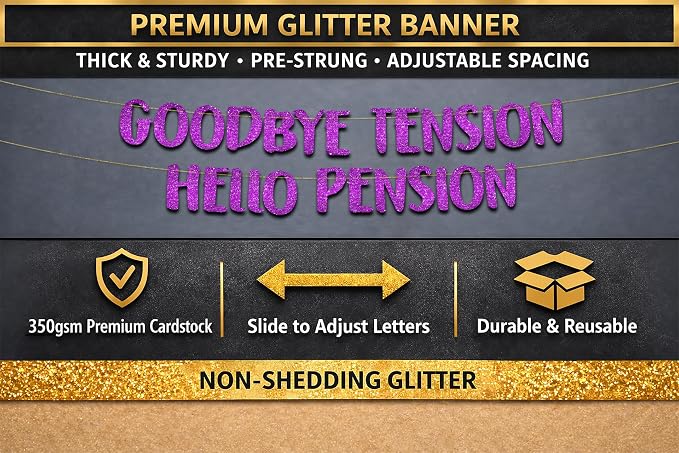 Pre-Strung Goodbye Tension Hello Pension Purple Glitter Banner - Image 3