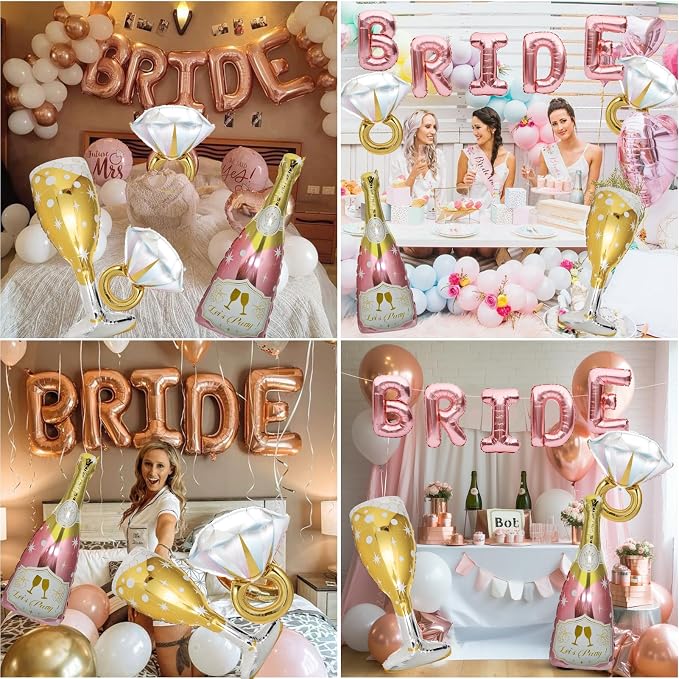 9 Pcs Bride Balloons, Huge Rose Gold Champagne Bottle Goblet Aluminum Foil - Image 4