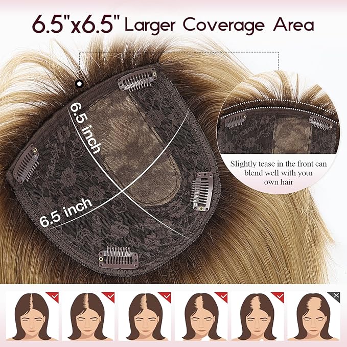 EMMOR Human Hair Toppers for Women Short Bob Real Hair with Bangs 10" Side Part Hairpieces for Women with Thin Hair 6.5" × 6.5" Larger Base Human Wig Toppers(Ombre Light Brown)
