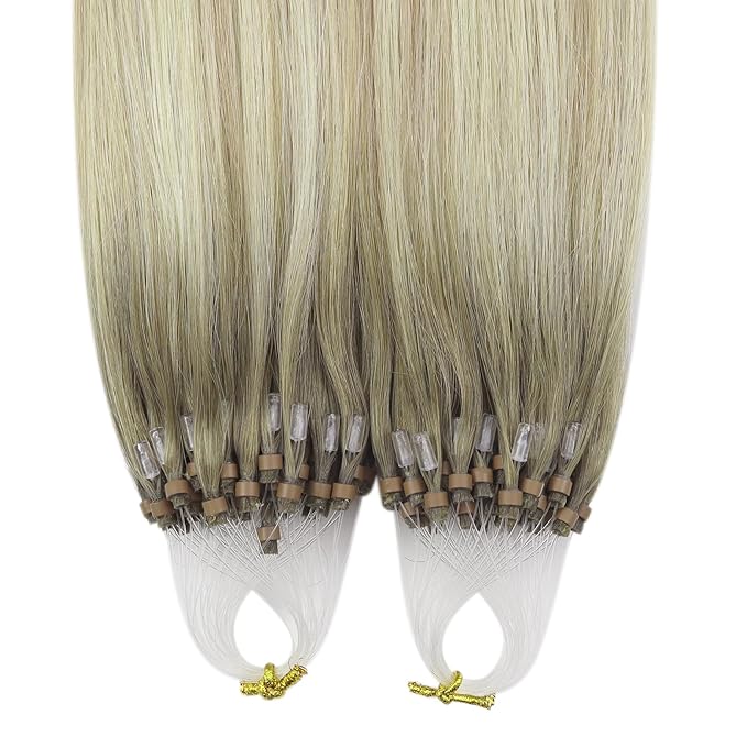 YoungSee Micro Loop Hair Extensions Human Hair Ombre Micro Bead Hair Extensions Real Human Hair Ash Blonde Ombre Microbeads Hair Extension 24 Inch Balayage Bead Hair Extension for Long Hair 50s/50g