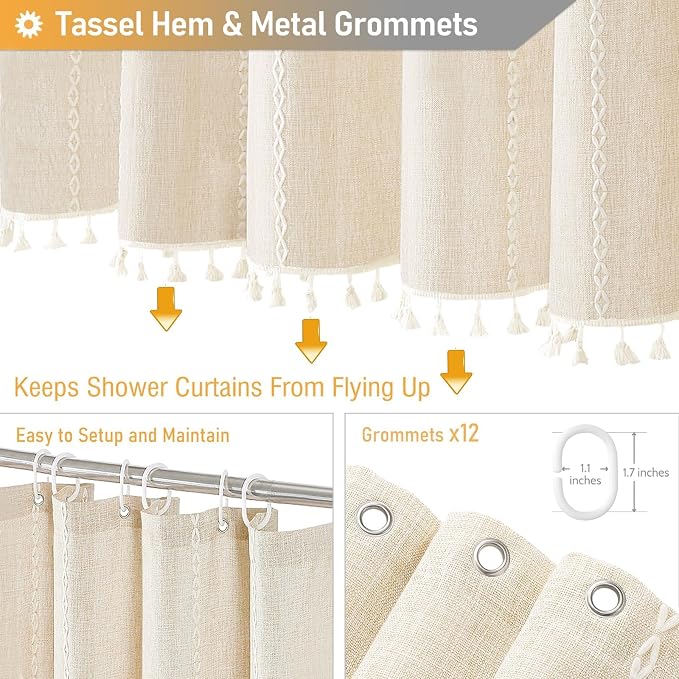 72 x 80 Boho Linen Heavy Duty Cloth Shower Curtain Set, Cream/Beige | Long Size - Image 5