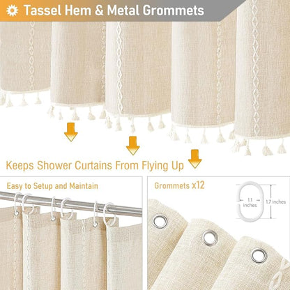 72 x 80 Boho Linen Heavy Duty Cloth Shower Curtain Set, Cream/Beige | Long Size - Image 5