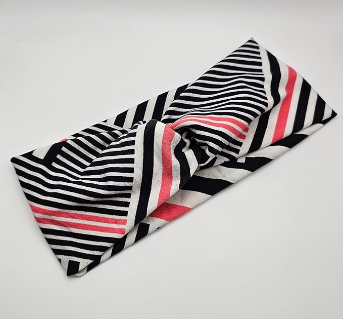Soft Stretchy Headband, 3-in-1 Versatile Twist Style, One-Piece (Pink/Black & White Geometric Lines, Adult)