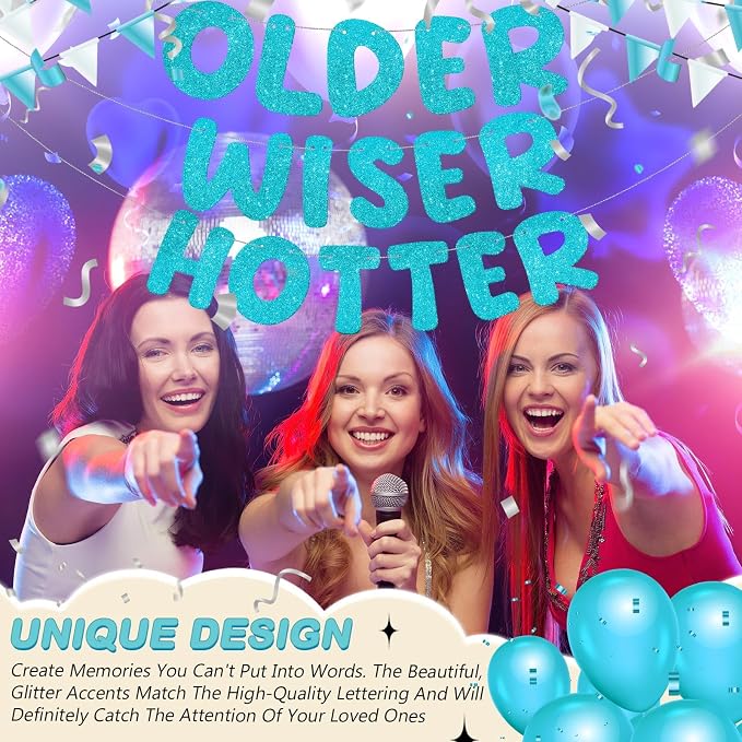 Fulmoon Set of 3 Pre Strung Older Wiser Hotter Glitter Banner Funny Birthday - Image 5