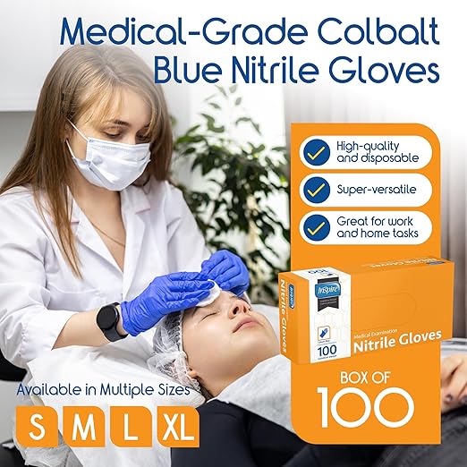 Inspire Black Nitrile Disposable Gloves | 4.5 Nitrile Safety Medical Exam Cooking Cleaning Disposable Black Gloves (Blue - Box of 100, Large)