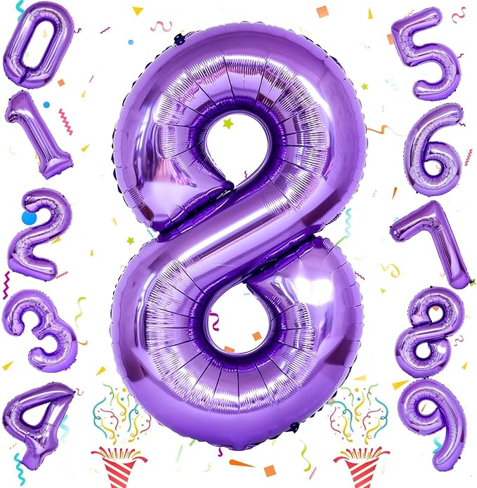 8th Birthday Number Balloons for Kids, Self Inflating 40 Inch Purple Foil 8 - Image 2