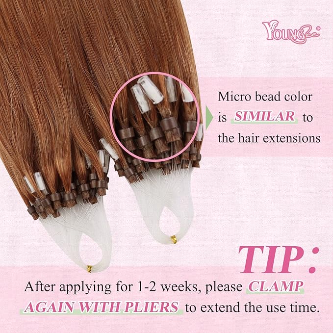 YoungSee Micro Hair Extensions Copper Micro Bead Hair Extensions Micro Links Hair Extension Copper for Women 18In 25g 25s