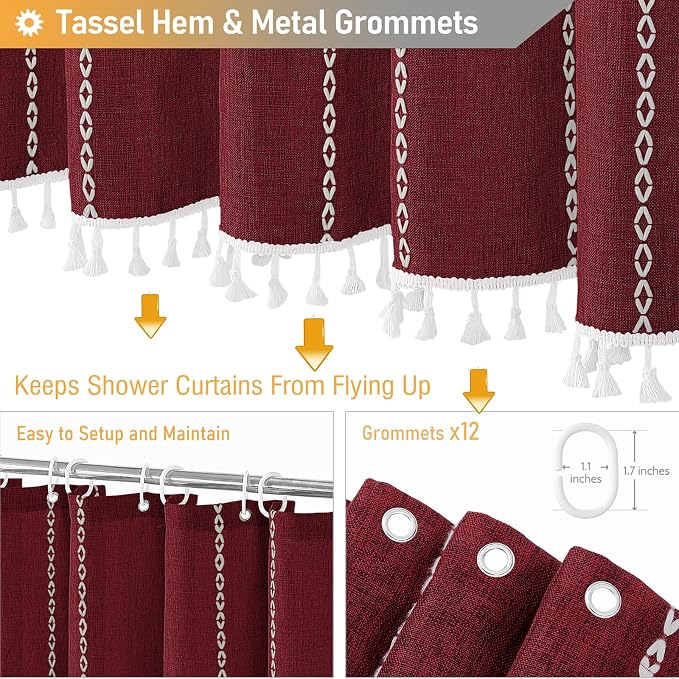 72x78 Long Boho Farmhouse Linen Heavy Duty Shower Curtain, Burgundy | Tall Size - Image 5