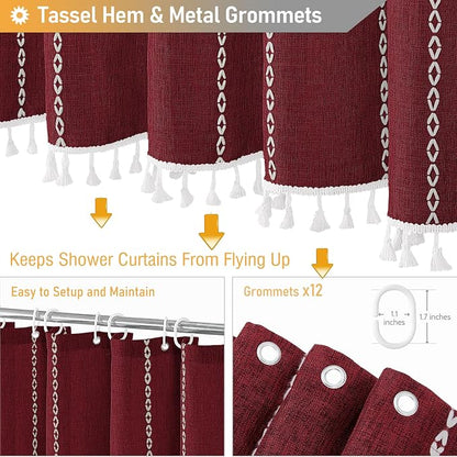 72x78 Long Boho Farmhouse Linen Heavy Duty Shower Curtain, Burgundy | Tall Size - Image 5