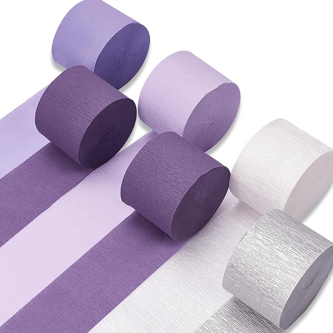 PartyWoo Silver Purple Lilac White Crepe Paper Streamers 6 Rolls 492 FT | by PartyWoo