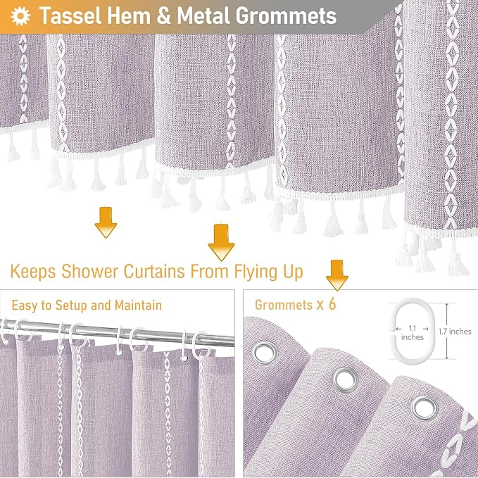 Small Boho Linen Heavy Duty Cloth Shower Curtain Set, Lavender | Stall Size - Image 5