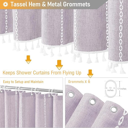 Small Boho Linen Heavy Duty Cloth Shower Curtain Set, Lavender | Stall Size - Image 5