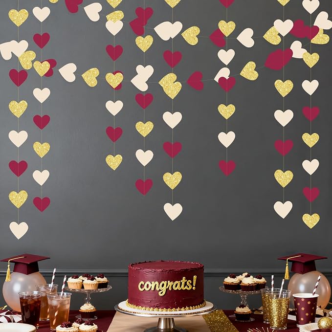 Maroon Gold Party Decorations Burgundy Beige Glitter Gold Paper Love Heart - Image 7