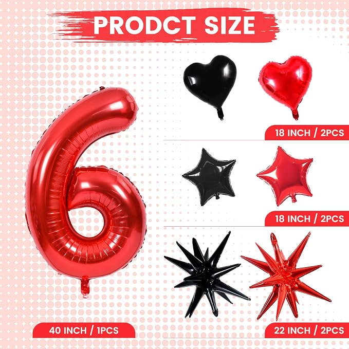 TONIFUL 6th Birthday Balloons Kit 40 Inch Red Large Number 6 Foil Balloon | - Image 2