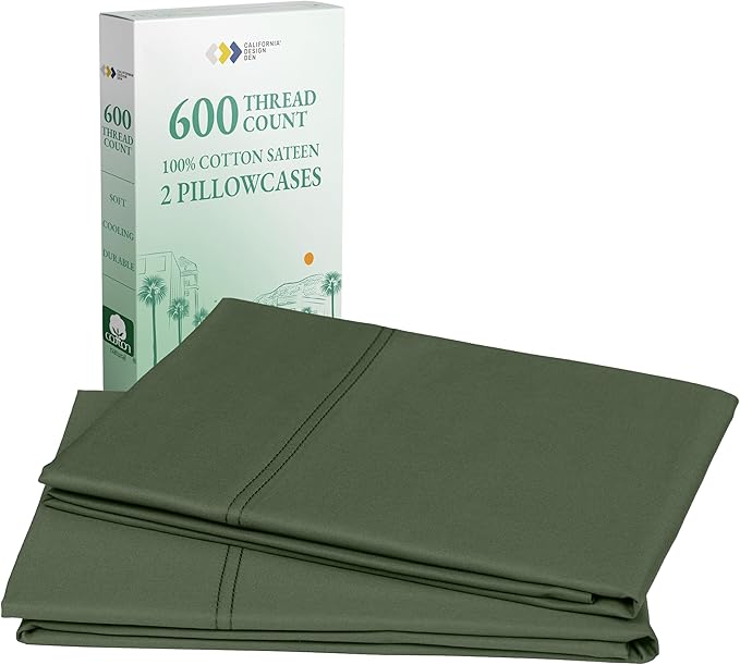 California Design Den Standard/Queen Pillow Cases Set of 2 - Luxuriously Soft Premium 600 Thread Count, 100% Cotton, Crisp Sateen, Fits Standard & Queen Pillows - Dark Olive Green