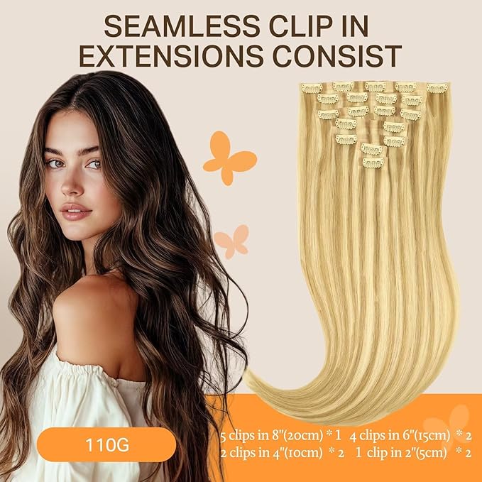 DOORES Human Hair Clip in Extensions, DirtyBlonde Highlight Golden Blonde 22 Inch 110g 7pcs, Seamless Clip in Hair Extensions Real Human Hair Remy Straight Skin Weft Invisi Edge Hair Extensions