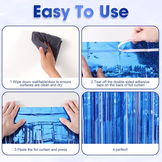 Voircoloria Laser Blue Foil Fringe Backdrop Curtains, 3 Pack | Tinsel Streamers - Image 5