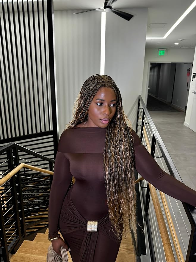 Human Hair Boho Curls Hand-Tied HD Full Lace Wig - 36" Salon-Level Small Box Synthetic Braids (100 Braids, High Density) Pre-Cut Swiss HD Lace, Pre-Plucked, Tangle-Free - 1B/27 Honey Blond