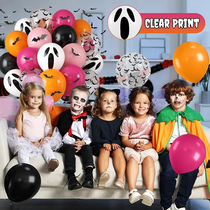 Orange Pink Halloween Balloons, 12 Inch Ghost Balloons, Bat Print Balloon - Image 3