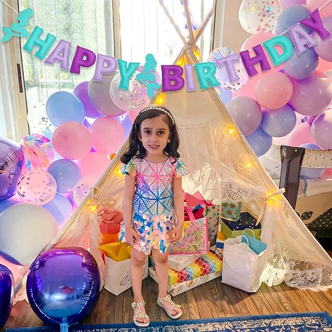 Pre-Strung 3D Felt Mermaid Happy Birthday Banner, Birthday Party Decorations | - Image 6