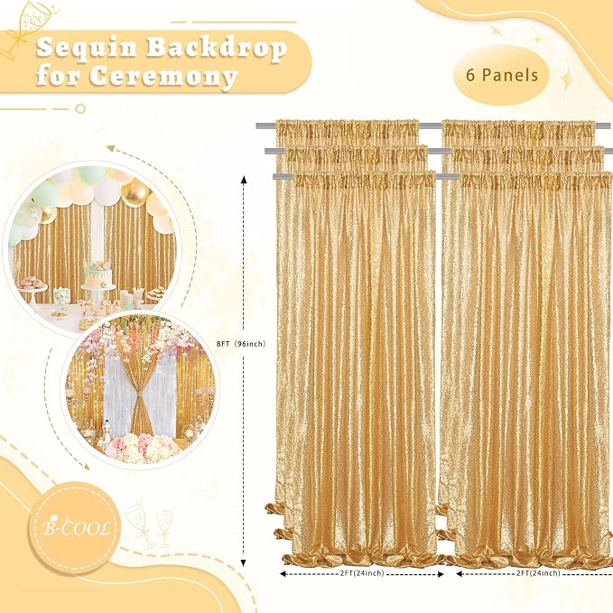 Gold Sequin Backdrop Curtains 6 Pcs 2ftx8ft Gold Curtains Background | Glitter - Image 3