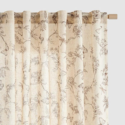 Taupe Floral Linen Curtains Farmhouse Rod Pocket 50W X 63L 2 Panels | Charlotte by Lazzzy
