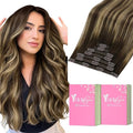YoungSee Clip in Hair Extensions Human Hair Balayage Brown Human Hair Clip in Extensions Balayage Chocolate Brown Mix Caramel Blonde Full Head Clip ins Real Hair Extension Add Length 120G 20Inch