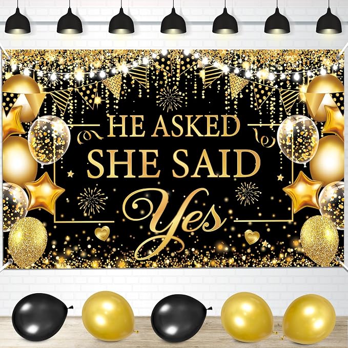 Gold Engagement Party Decorations Black Gold Engagement Banner Backdrop He by CASLON