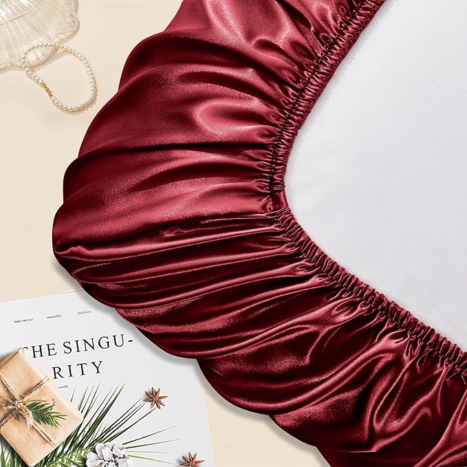 Manyshofu Satin Pillowcases for Hair Protection - 2Pcs Maroon Pillow Cases, Elastic Band Standard & Queen Satin Pillowcases Luxury Silky Pillow Cases Travel Pillow Covers, MSF2402010590
