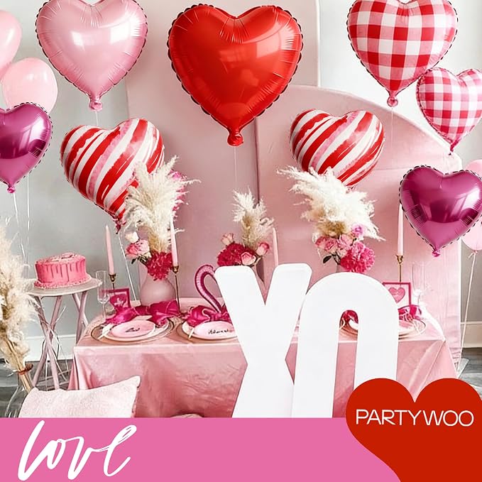 PartyWoo Pink Red Hot Red Pink Mylar Heart Foil 15pcs Balloons 18 Inch | - Image 5