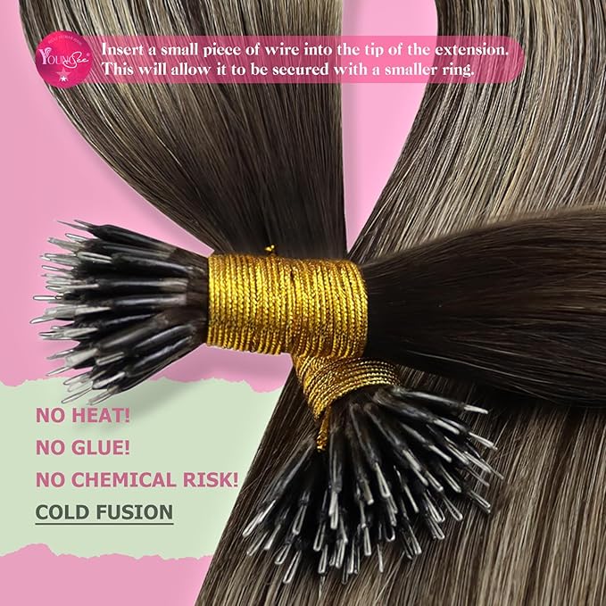YoungSee Nano Ring Hair Extensions Balayage Brown Nano Bead Hair Extensions Human Hair Balayage Dark Brown with Ash Blonde Nano Human Hair Extension for Women Short Hair 14inch 50s 50g