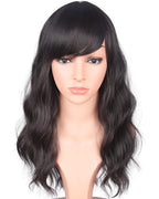 16 Inches Black Mix Brown Fashion Wavy Synthetic Hair Wigs For Black Women With Side Bangs Free Wig Cap (BLACK MIX BROWN(1B/33#))