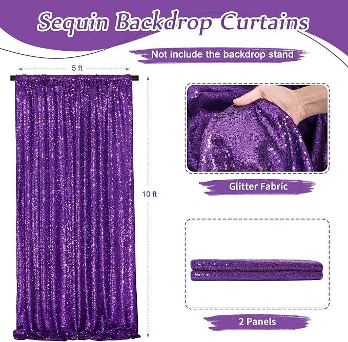 Purple Sequin Backdrop 2 Pcs 5FTx10FT Wedding Glitter Curtain Backdrop Arch - Image 2