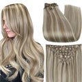 Full Shine Blonde Hair Extensions Clip in 12 Inch, Ash Brown Highlight Blonde Clip In Hair Extensions Real Human Hair for Thin Hair Add Thickness Straight 7 Pcs 95g