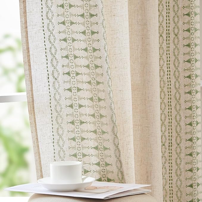 jinchan Boho Curtains for Bedroom Linen Blend Curtains Sage Green Embroidered by JINCHAN