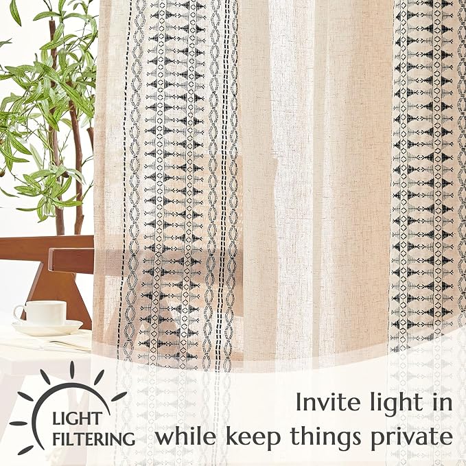 jinchan Boho Curtains Embroidered Linen Blend Window Curtains - Image 4