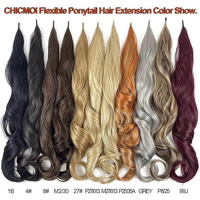 Chicmoi Brown Ponytail Extainson 32 Inch Flexible Wrap Around Ponytail Hair Extension 8# Long Wavy Pony Tails hair Extension Chocolate Brown Synthetic Hairpieces For Women and Girls