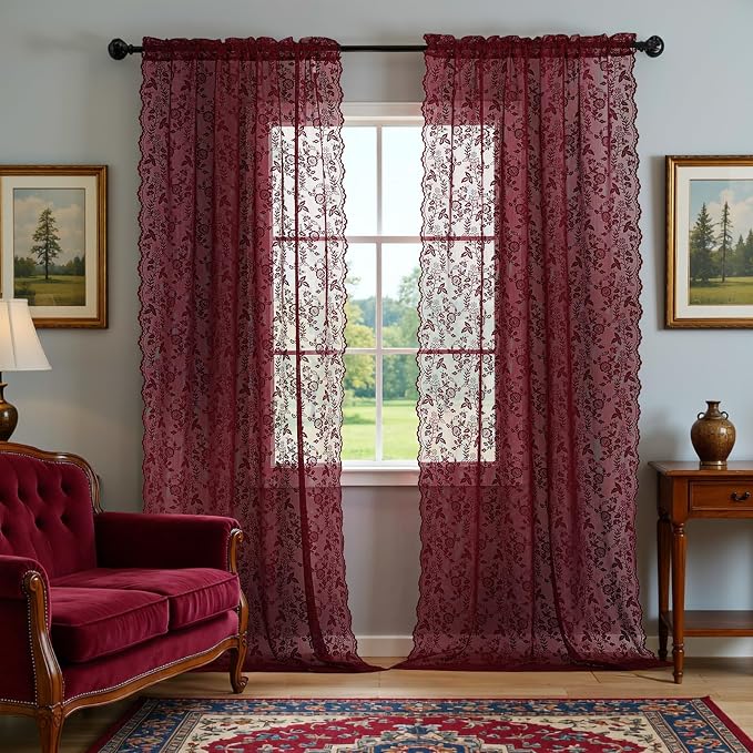 Burgundy Sheer Curtains for Bedroom Rustic Floral W42 x L54 Inch, 2 Panels | - Image 6