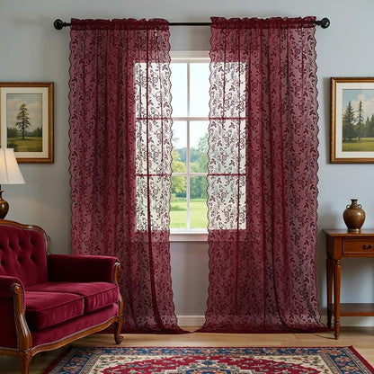 Burgundy Lace Curtains for Bedroom Rustic Leaf Floral 42x63 Inch 2 Panels | Rod - Image 7