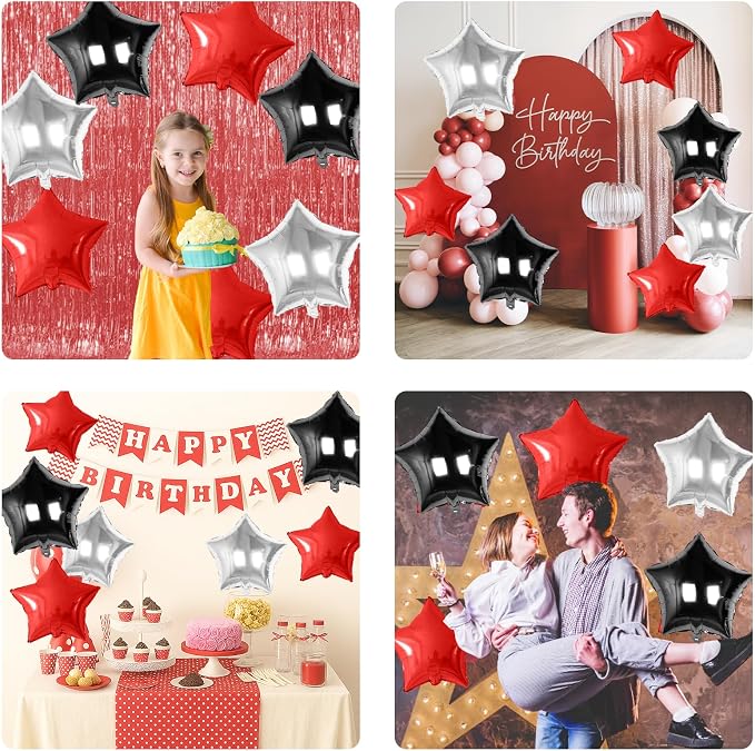 Red Black Silver Star Foil Balloons, 18 Inch Red and Black Stars Balloons - Image 8