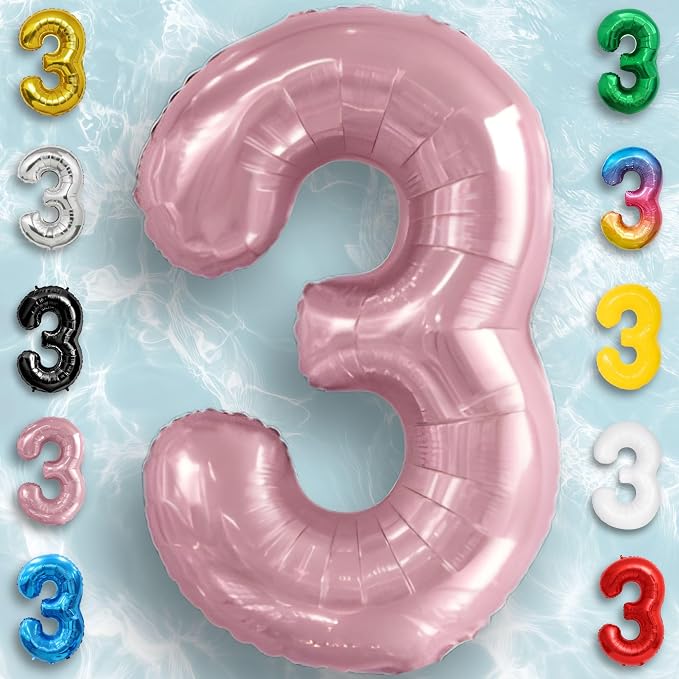 Pink Pearl Number Balloon 3 Mylar Foil Macaron Balloons 40 inch - Image 3