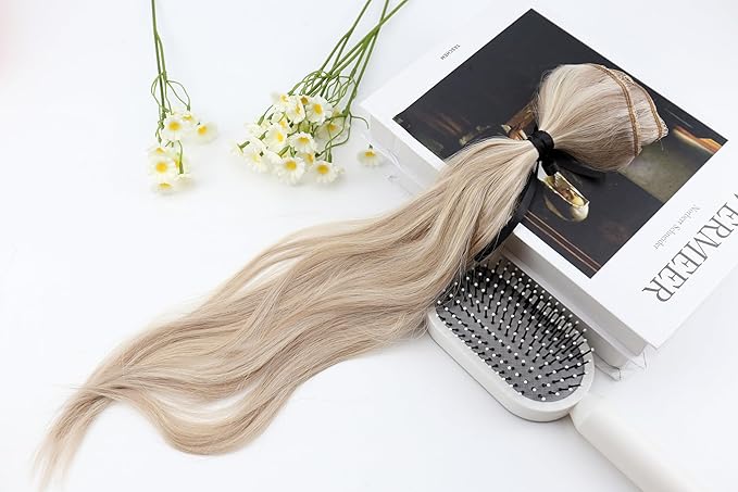 Full Shine Human Hair Clip in Extensions Blonde Highlight Straight Remy Clip in Hair Extensions Ash Blonde Lace Weft Real Human Hair Extensions Clip ins 14 Inch 3 Pcs 60 G