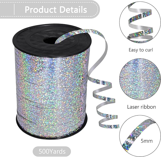 500 Yards Silver Shiny Curling Ribbon Shiny Metallic Roll - Image 2