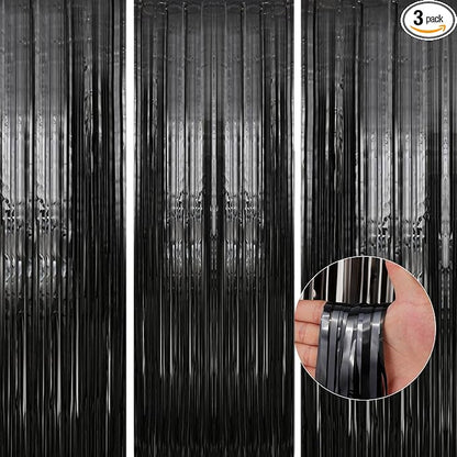 TenLaitech 3 Pack 3.3 x 9.9 ft Black Foil Fringe Backdrop Curtain, Streamer by TenLaitech