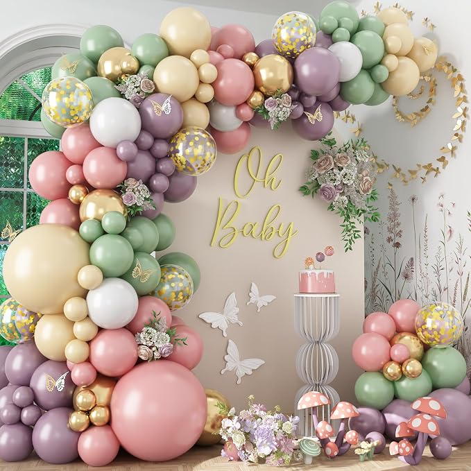 Dusty Green Purple Pink Balloon Arch Kit, Fairy Wildflower Balloon Garland Sage by Paeyeq