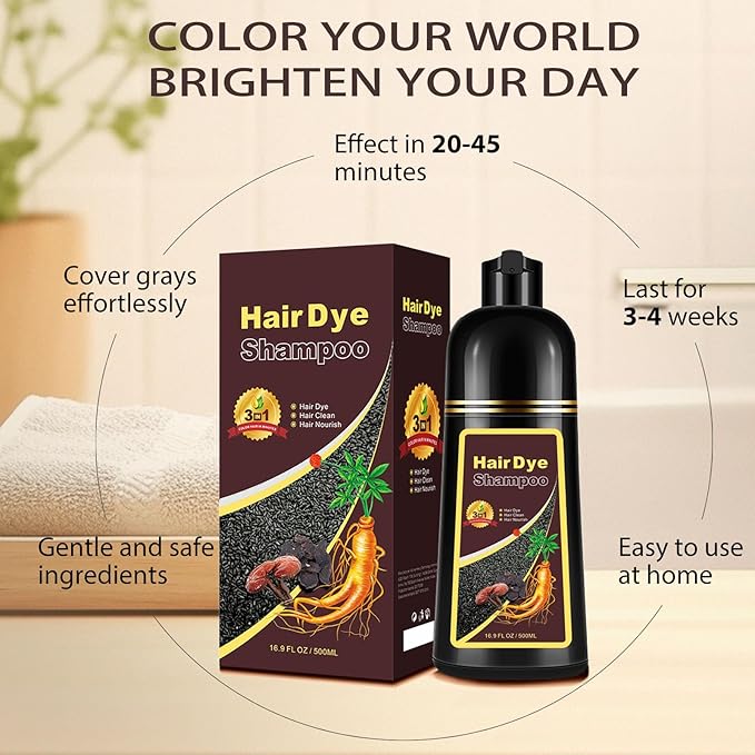 Hair Dye Shampoo Dark Brown, Long-Lasting Gray Hair Coverage, 3 in 1 Hair Color Shampoo with Herbal Ingredients, Easy Application Shampoo Para Canas for Women Men 16.9 Fl Oz