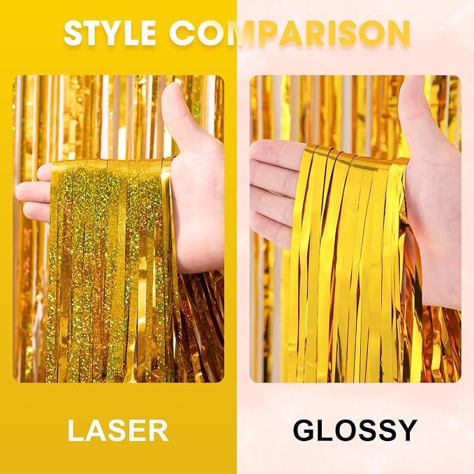 Voircoloria Laser Gold Foil Fringe Backdrop Curtains, 3 Pack | Tinsel Streamers - Image 3
