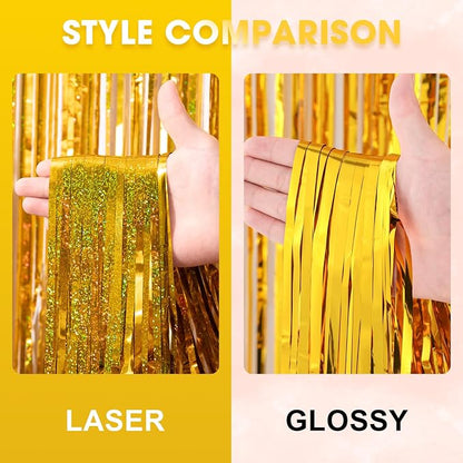 Voircoloria Laser Gold Foil Fringe Backdrop Curtains, 3 Pack | Tinsel Streamers - Image 3