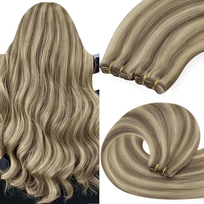 YoungSee Human Hair Sew in Extensions Highlights Double Weft Human Hair Extensions Light Brown Highlight with Blonde Weft Hair Extensions Human Hair for Woman 100G 24 inch