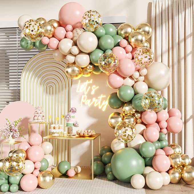 Sage Green Pink Gold Balloons Arch Kit by LANGASQUE